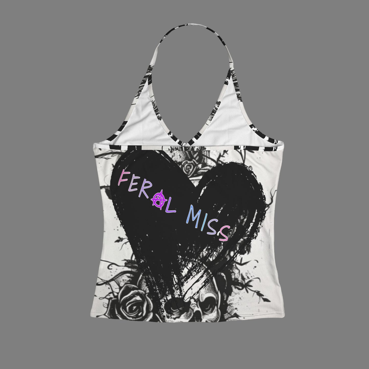 Feral Miss Skull & Roses Halter Top - Gothic Backless Tank - Women's Alternative Style - Sizes 2XS-2XL