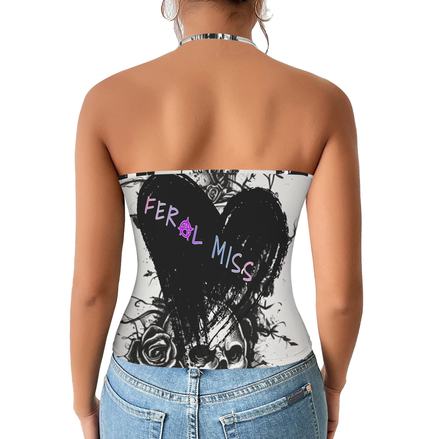 Feral Miss Skull & Roses Halter Top - Gothic Backless Tank - Women's Alternative Style - Sizes 2XS-2XL