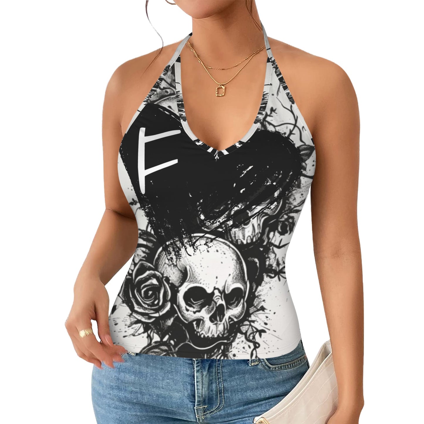 Feral Miss Skull & Roses Halter Top - Gothic Backless Tank - Women's Alternative Style - Sizes 2XS-2XL
