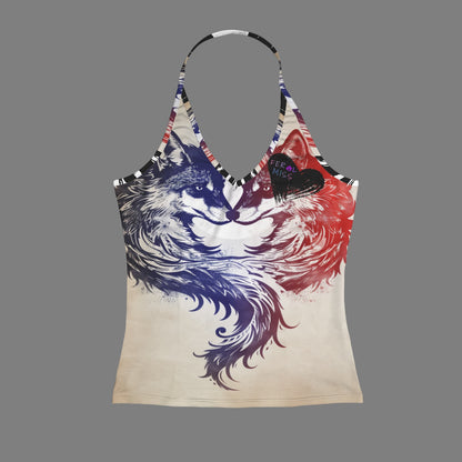 Feral Miss Dueling Wolves Halter Top - Tribal Wolf Tank - Women's Sizes 2XS-2XL