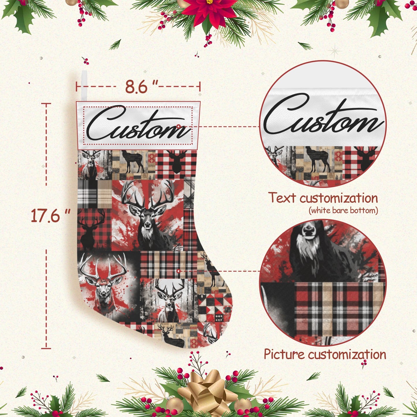 Christmas stocking with deer pattern, customization options, and measurements on a festive background.
