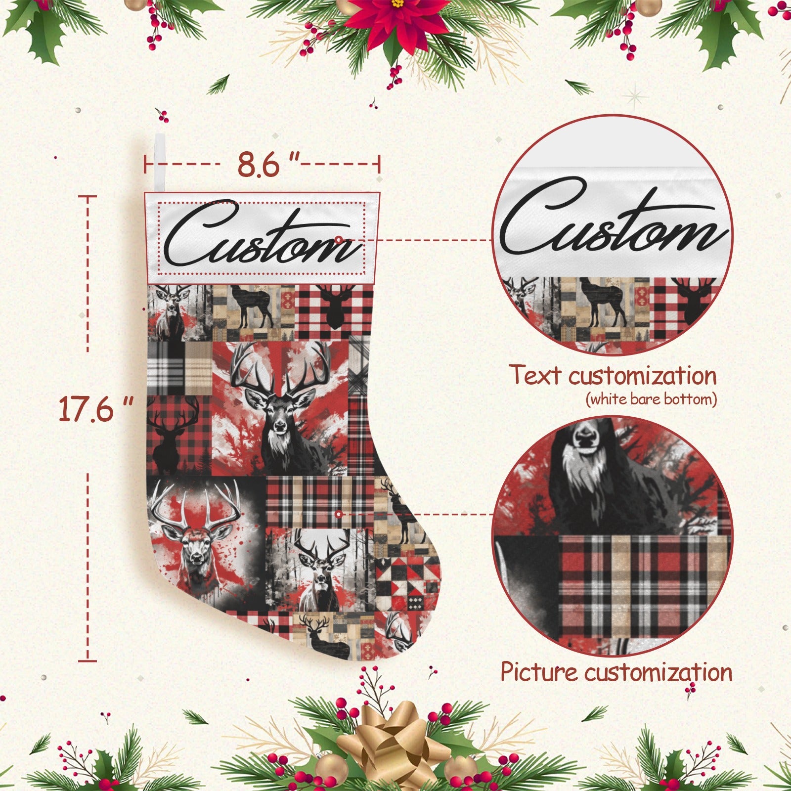 Christmas stocking with deer pattern, customization options, and measurements on a festive background.