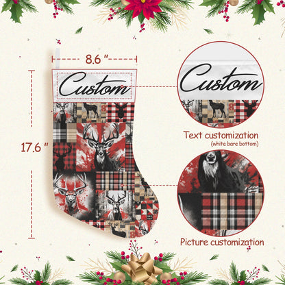 Christmas stocking with deer pattern, customization options, and measurements on a festive background.