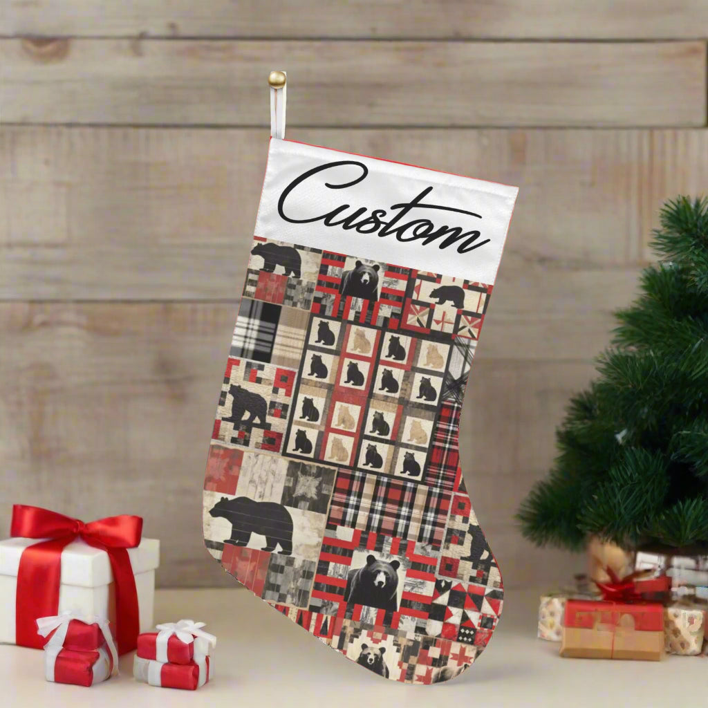Custom Christmas stocking with bear pattern hanging by a fireplace next to a decorated tree.