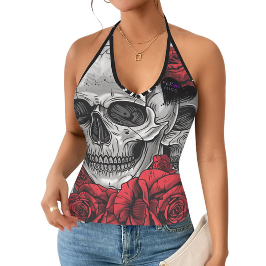 Feral Miss Double Skull & Red Roses Halter Top - Gothic Backless Tank - Women's - Sizes 2XS-2XL