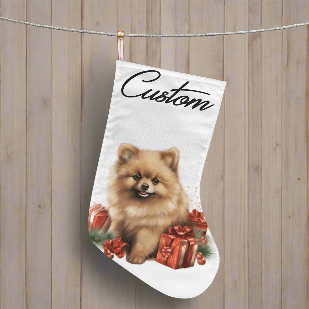 Custom Christmas stocking with a dog design hanging on a fireplace next to a decorated tree.