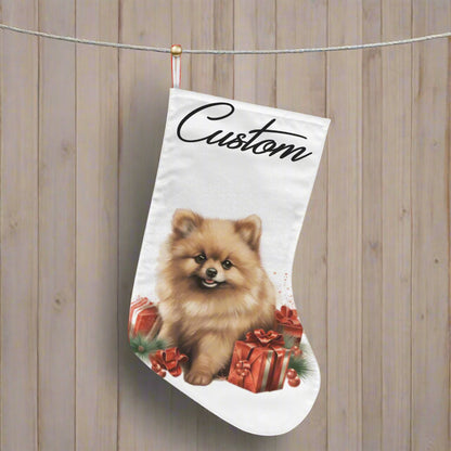 Custom Christmas stocking with a dog design hanging on a fireplace next to a decorated tree.