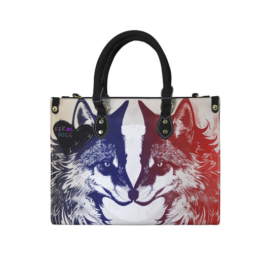 Feral Miss Dueling Wolves Handbag - Tribal Wolf Vegan Leather Purse - Gift for Her - Shoulder & Crossbody Bag