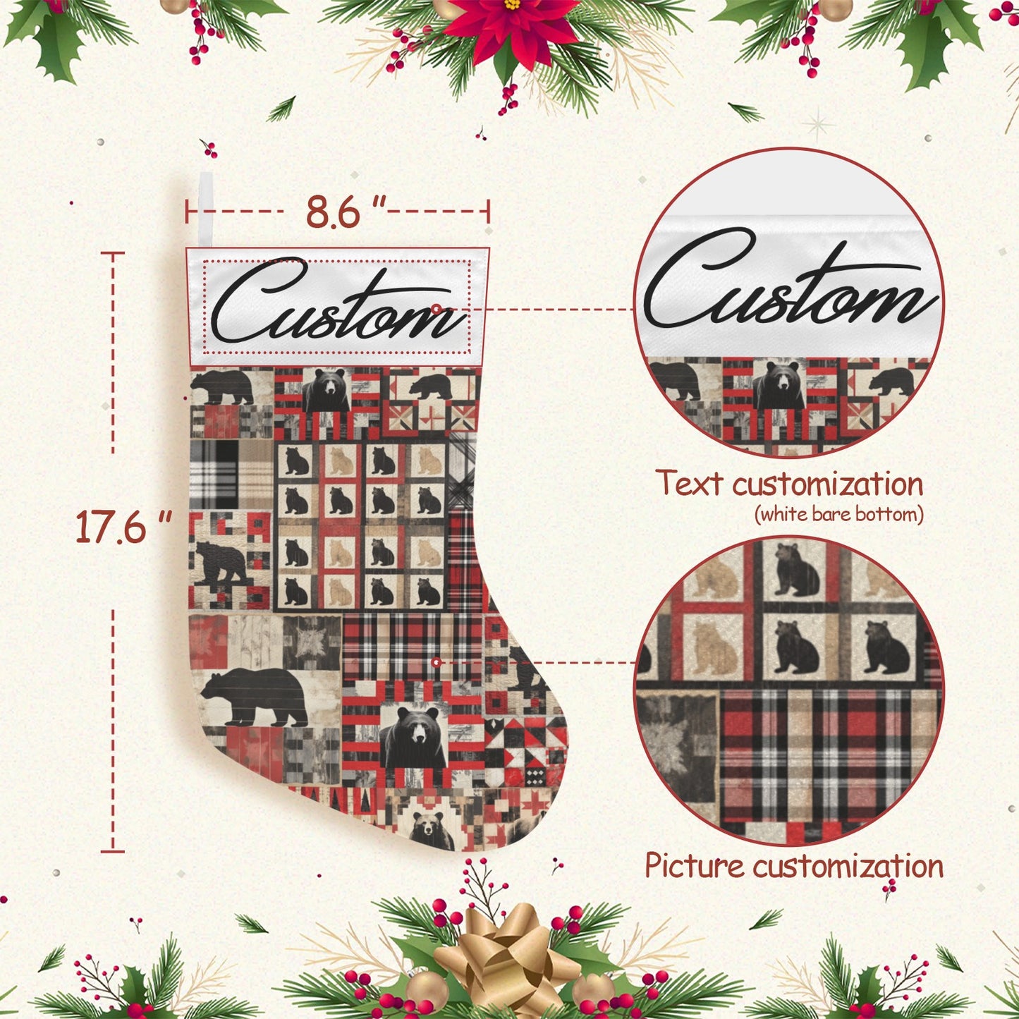 Customizable Christmas stocking with plaid pattern and bear design, surrounded by festive elements.