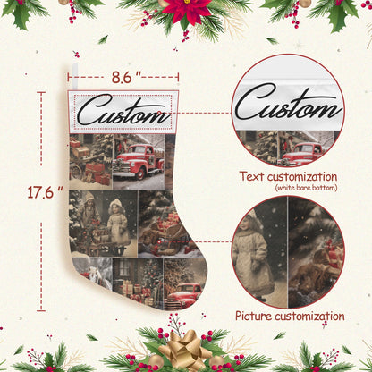 Personalized Vintage Christmas Collage Stocking – Custom Name Retro Holiday Décor, Made in USA, Double-Sided Polyester