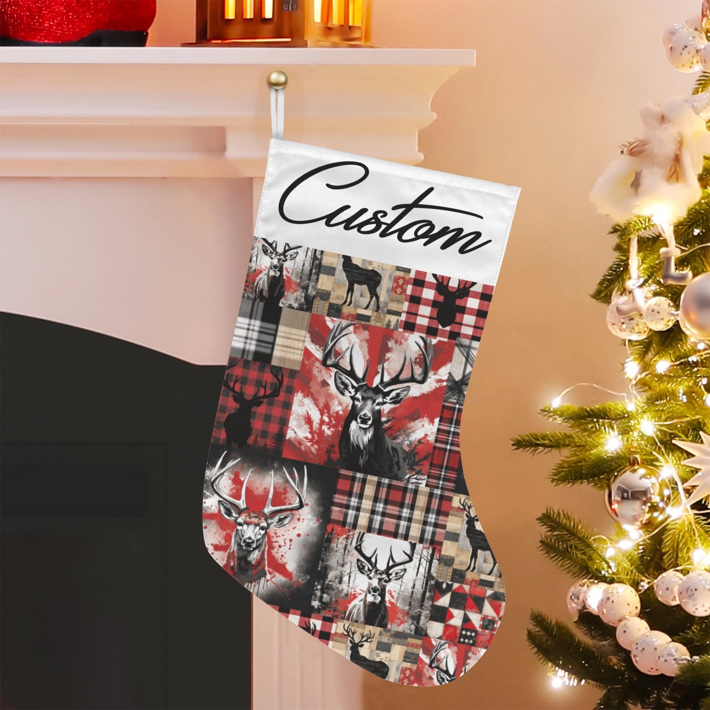 Custom Christmas stocking with deer and plaid pattern hanging by a fireplace next to a decorated tree.