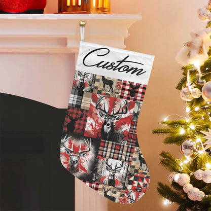 Custom Christmas stocking with deer and plaid pattern hanging by a fireplace next to a decorated tree.