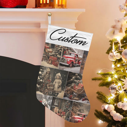 Personalized Vintage Christmas Collage Stocking – Custom Name Retro Holiday Décor, Made in USA, Double-Sided Polyester