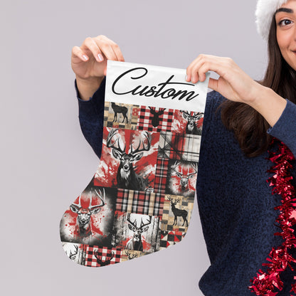 Person holding a custom Christmas stocking with deer and plaid pattern