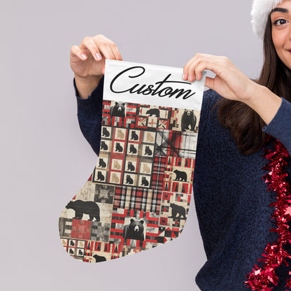 Person holding a custom Christmas stocking with bear pattern and 'Custom' text.