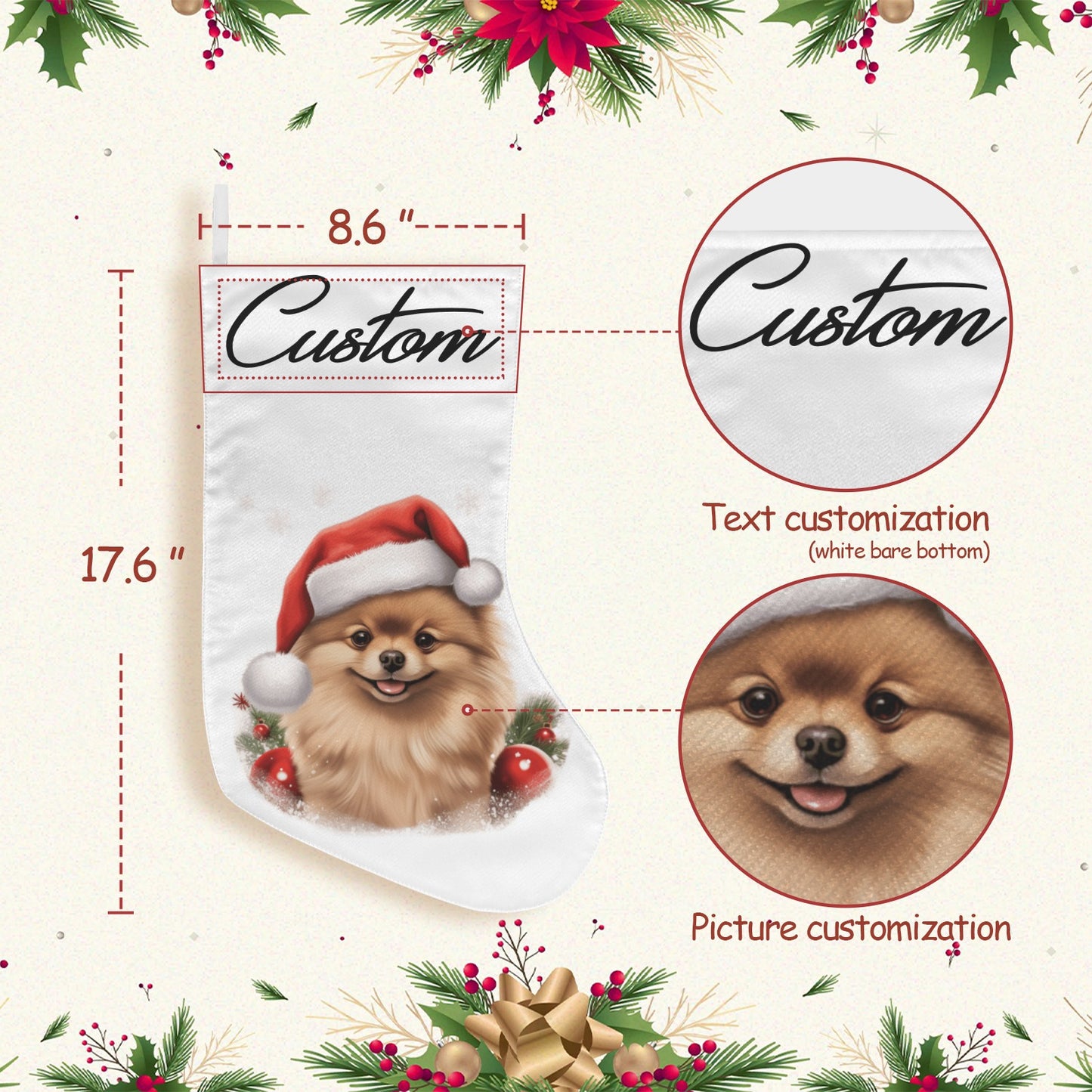 Custom Pomeranian Christmas Stocking – Personalized Dog Stocking with Santa Hat Holiday Decor