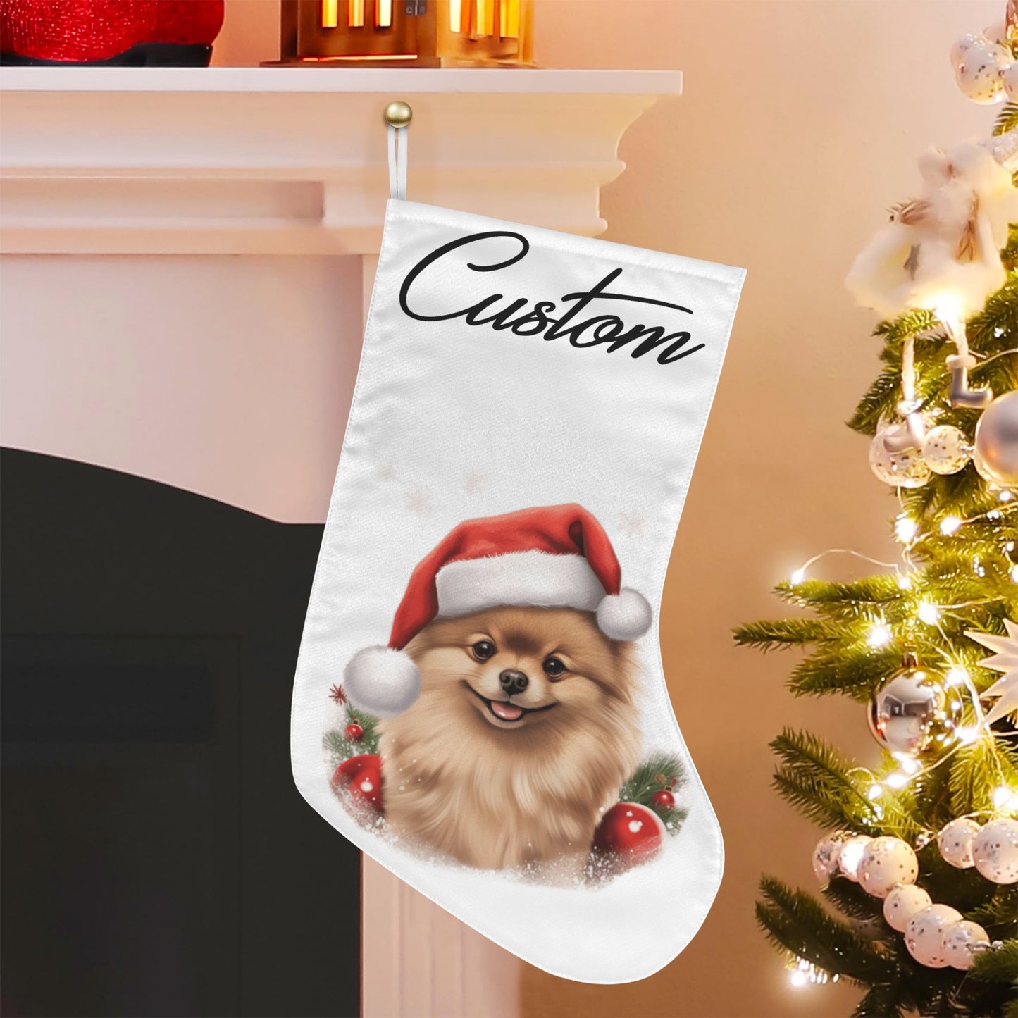 Custom Pomeranian Christmas Stocking – Personalized Dog Stocking with Santa Hat Holiday Decor
