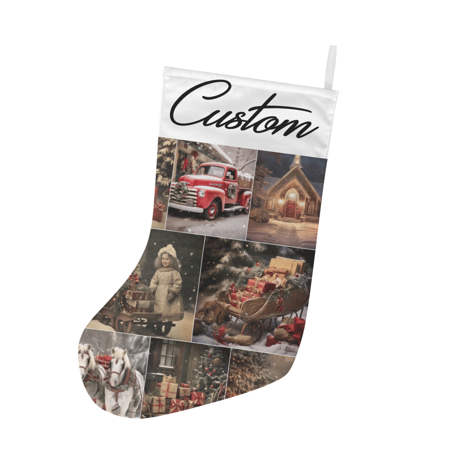 Vintage Christmas Collage Stocking with Custom Name