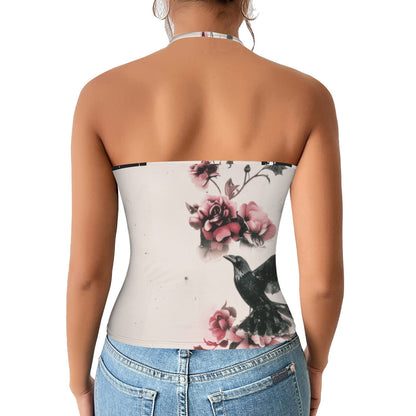 Feral Miss Crows & Roses Halter Top - Gothic Bird & Floral Tank - Women's - Sizes 2XS-2XL