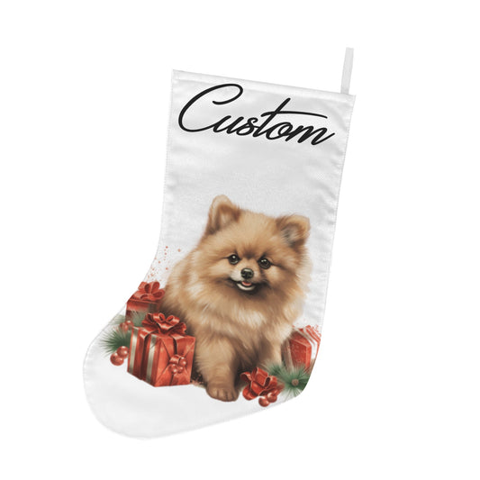 Christmas stocking with a dog and red gifts on a white background