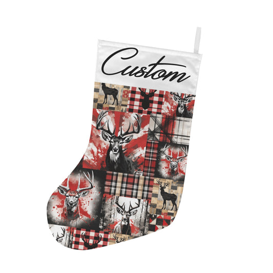 Christmas stocking with deer pattern and 'Custom' text on a white background