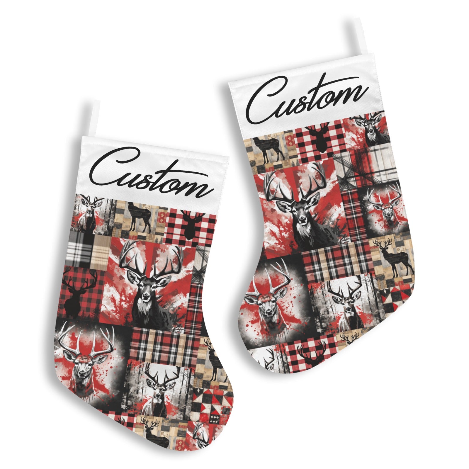 Two pairs of socks with deer and plaid pattern on a white background