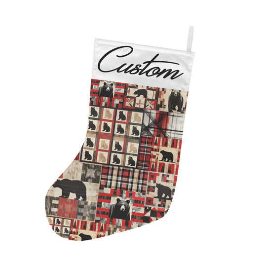 Christmas stocking with bear pattern and 'Custom' text on a white background