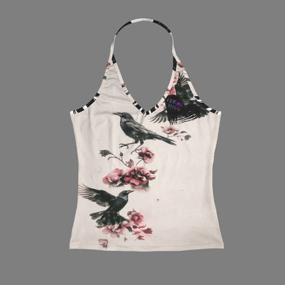Feral Miss Crows & Roses Halter Top - Gothic Bird & Floral Tank - Women's - Sizes 2XS-2XL