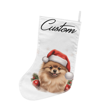 Christmas stocking with a dog wearing a Santa hat and the word 'Custom' on a white background
