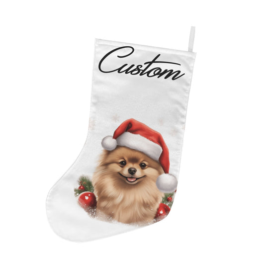 Christmas stocking with a dog wearing a Santa hat and the word 'Custom' on a white background