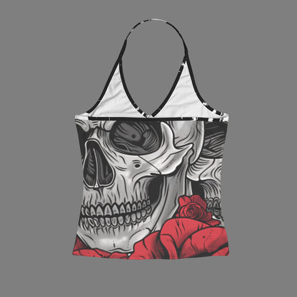 Feral Miss Double Skull & Red Roses Halter Top - Gothic Backless Tank - Women's - Sizes 2XS-2XL
