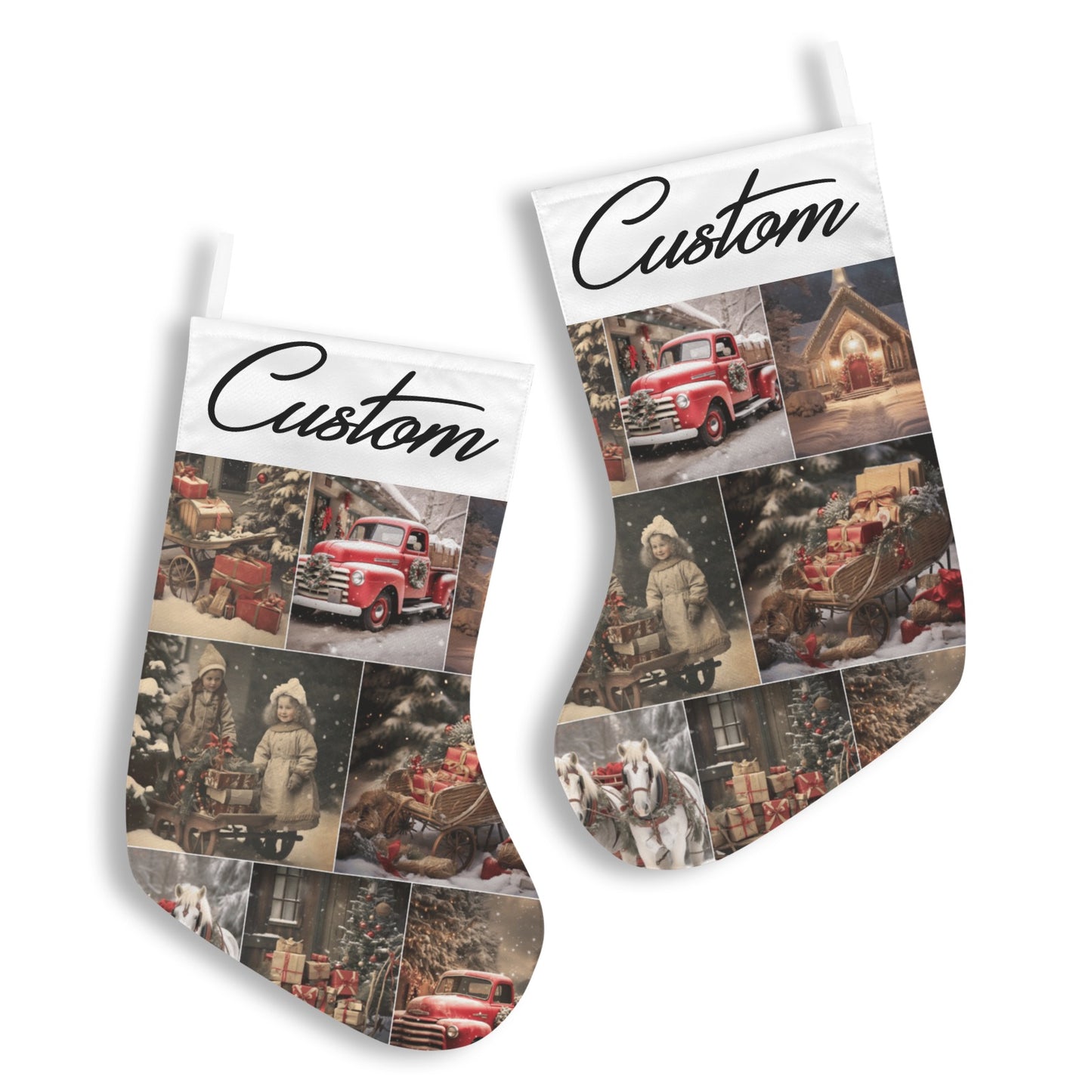 Personalized Vintage Christmas Collage Stocking – Custom Name Retro Holiday Décor, Made in USA, Double-Sided Polyester