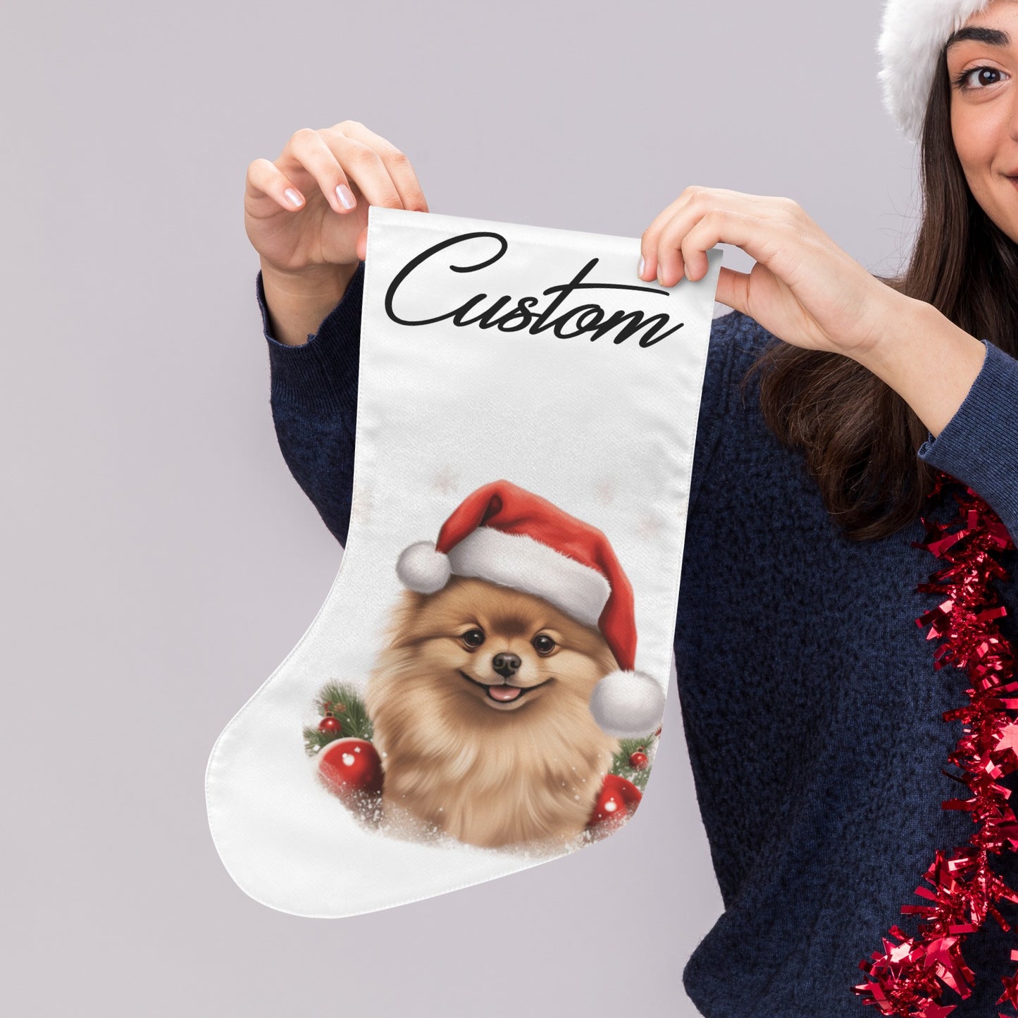 Custom Pomeranian Christmas Stocking – Personalized Dog Stocking with Santa Hat Holiday Decor
