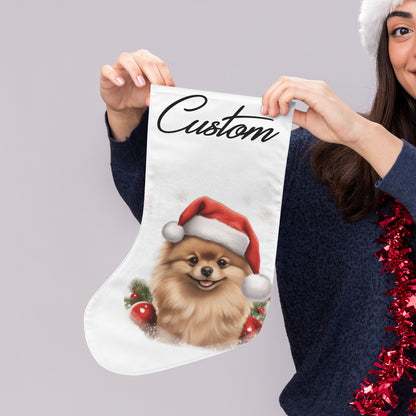 Custom Pomeranian Christmas Stocking – Personalized Dog Stocking with Santa Hat Holiday Decor