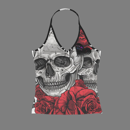 Feral Miss Double Skull & Red Roses Halter Top - Gothic Backless Tank - Women's - Sizes 2XS-2XL