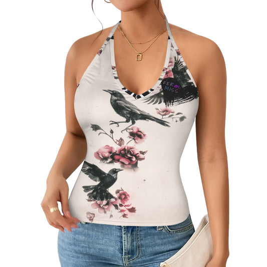 Feral Miss Crows & Roses Halter Top - Gothic Bird & Floral Tank - Women's - Sizes 2XS-2XL
