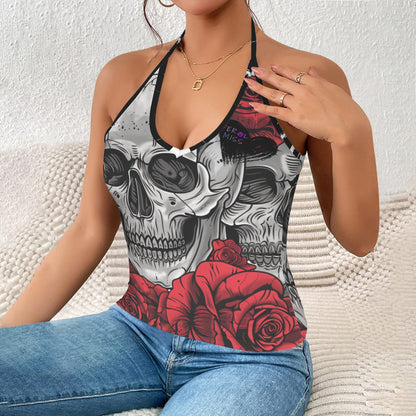 Feral Miss Double Skull & Red Roses Halter Top - Gothic Backless Tank - Women's - Sizes 2XS-2XL