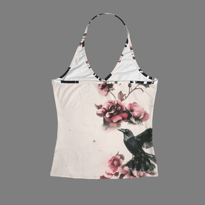 Feral Miss Crows & Roses Halter Top - Gothic Bird & Floral Tank - Women's - Sizes 2XS-2XL