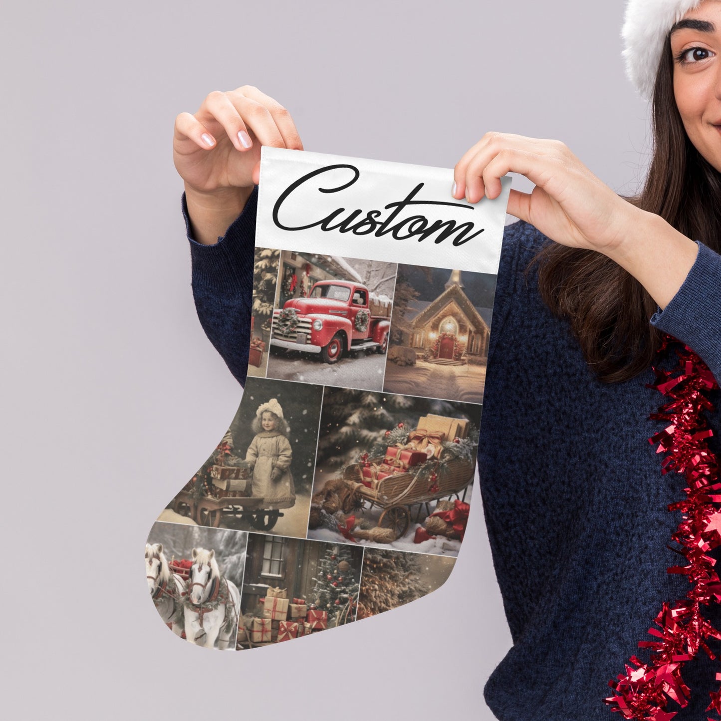 Personalized Vintage Christmas Collage Stocking – Custom Name Retro Holiday Décor, Made in USA, Double-Sided Polyester
